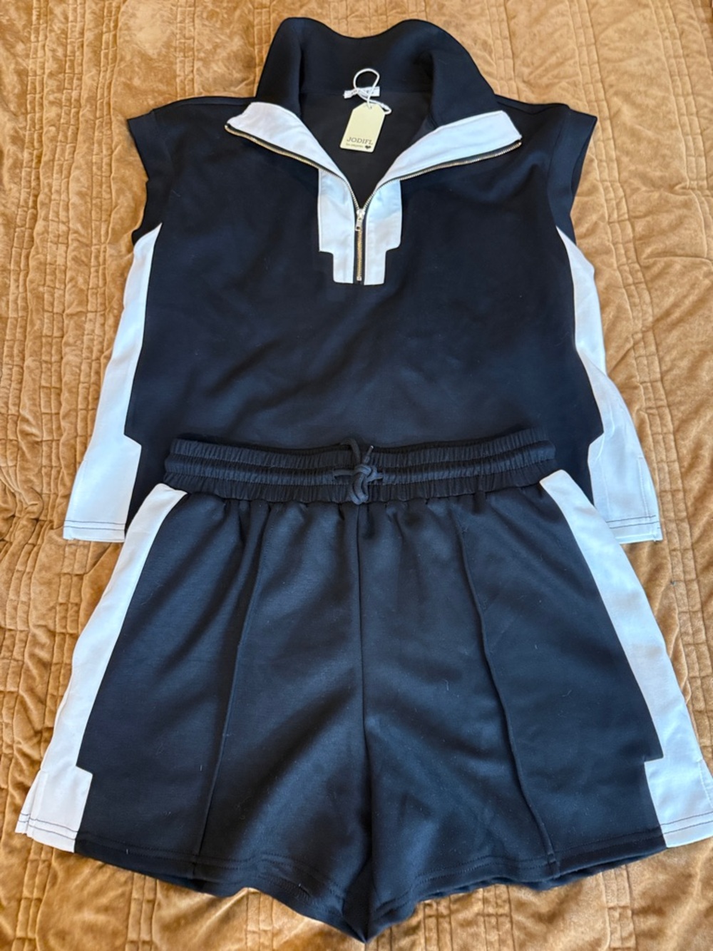 JODIFL Black and White Zip-Front Pullover with matching shorts